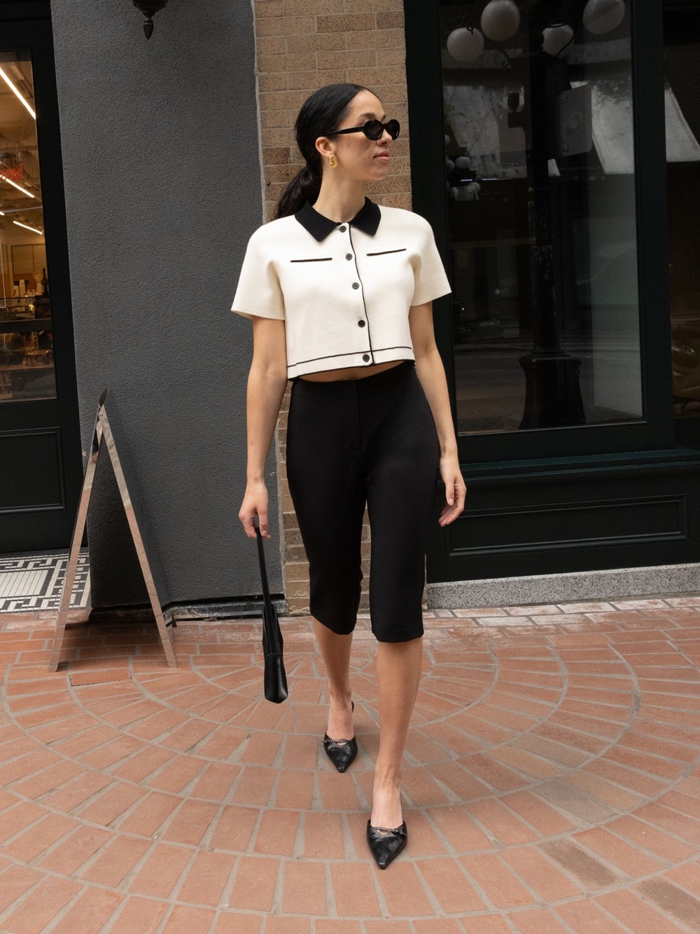 Oak + Fort Cropped Knit Contrast Trim Top - Size Small